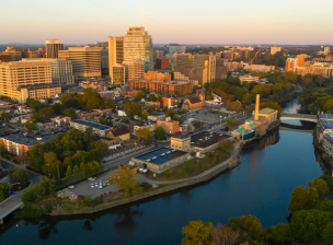 Saturated early morning light hits the buildings and architecture of downtown Wilmington Delaware